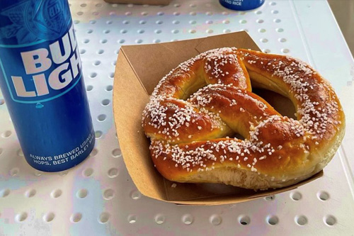 A large salted pretzel. 